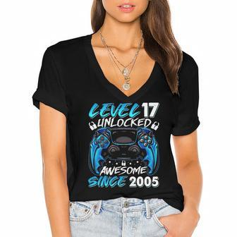 Level 17 Unlocked Awesome Since 2005 17Th Birthday Gifts Women's Jersey Short Sleeve Deep V-Neck Tshirt | Mazezy