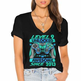 Level 9 Unlocked Awesome Since 2013 9Th Birthday Gaming V6 Women's Jersey Short Sleeve Deep V-Neck Tshirt - Seseable