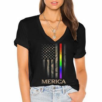 Lgbt Pride Rainbow Line Merica 4Th Of July Camo Us Flag Women's Jersey Short Sleeve Deep V-Neck Tshirt - Seseable