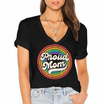 Lgbtq Proud Mom Gay Pride Lgbt Ally Rainbow Mothers Day Women's Jersey Short Sleeve Deep V-Neck Tshirt - Seseable