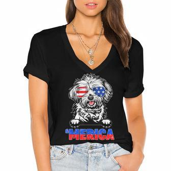 Lhasa Apso Dog With Merica Sunglasses 4Th Of July Funny Women's Jersey Short Sleeve Deep V-Neck Tshirt - Seseable