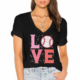 Love Baseball Cute Sports Fan Player Team Men Women Kids Women's Jersey Short Sleeve Deep V-Neck Tshirt | Mazezy