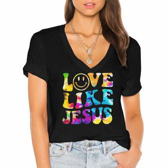 Love Like Jesus Tie Dye Faith Christian Jesus Men Women Kid Women's Jersey Short Sleeve Deep V-Neck Tshirt | Mazezy