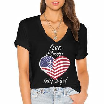 Love Of Country Faith In God Funny Christian 4Th Of July Women's Jersey Short Sleeve Deep V-Neck Tshirt - Seseable