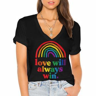 Love Will Always Win Pride Rainbow Kid Child Lgbt Quote Fun Women's Jersey Short Sleeve Deep V-Neck Tshirt - Seseable