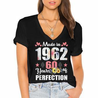 Made 1962 Floral 60 Years Old Family 60Th Birthday 60 Years Women's Jersey Short Sleeve Deep V-Neck Tshirt - Seseable