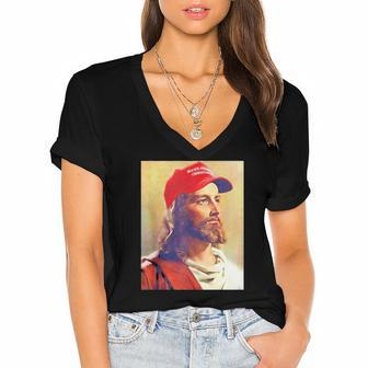 Maga Jesus Is King Ultra Maga Donald Trump Women's Jersey Short Sleeve Deep V-Neck Tshirt | Mazezy