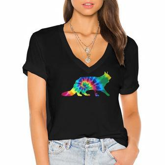 Maine Coon Cat Tie Dye Vintage Hippie Cat Lover Women's Jersey Short Sleeve Deep V-Neck Tshirt | Mazezy