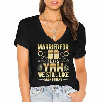Married For 69 Years 69Th Wedding Anniversary Husband Wife Women's Jersey Short Sleeve Deep V-Neck Tshirt | Mazezy
