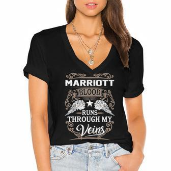 Marriott Name Gift Marriott Blood Runs Through My Veins Women's Jersey Short Sleeve Deep V-Neck Tshirt - Seseable