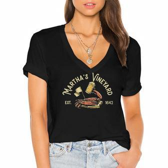 Marthas Vineyard Massachusetts Vintage Beach Mass Women's Jersey Short Sleeve Deep V-Neck Tshirt | Mazezy