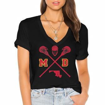Maryland Lacrosse Vintage Md Lax Weathered Women's Jersey Short Sleeve Deep V-Neck Tshirt | Mazezy