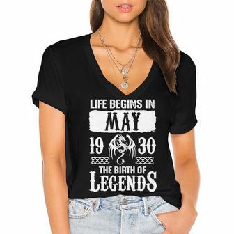 May 1930 Birthday Life Begins In May 1930 Women's Jersey Short Sleeve Deep V-Neck Tshirt - Seseable