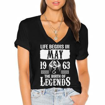 May 1963 Birthday Life Begins In May 1963 Women's Jersey Short Sleeve Deep V-Neck Tshirt - Seseable