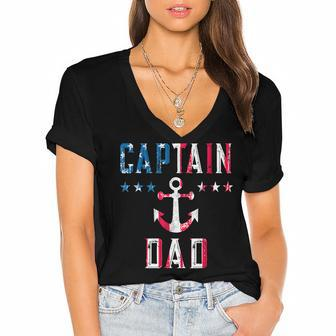 Mens Patriotic Captain Dad American Flag Boat Owner 4Th Of July Women's Jersey Short Sleeve Deep V-Neck Tshirt - Seseable