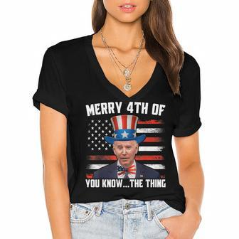 Merry Happy 4Th Of You Know The Thing Funny Biden Confused Women's Jersey Short Sleeve Deep V-Neck Tshirt - Seseable