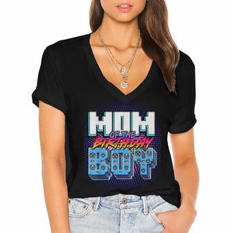 Mom Of The Birthday Boy Matching Family Video Game Party Women's Jersey Short Sleeve Deep V-Neck Tshirt - Seseable