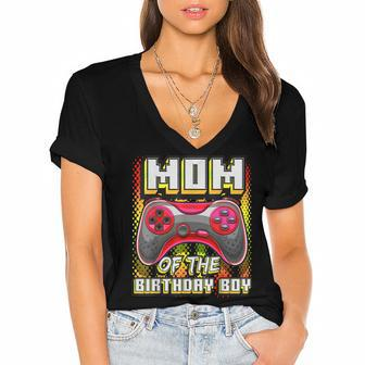 Mom Of The Birthday Boy Matching Video Gamer Birthday Party Women's Jersey Short Sleeve Deep V-Neck Tshirt - Seseable