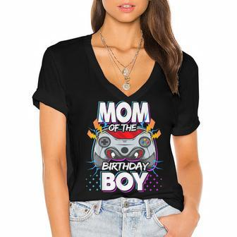 Mom Of The Birthday Boy Video Game Birthday Party Gamer Women's Jersey Short Sleeve Deep V-Neck Tshirt - Seseable
