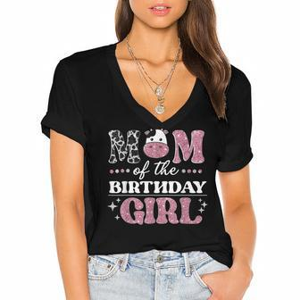 Mom Of The Birthday For Girl Cow Farm Birthday Cow Mommy Women's Jersey Short Sleeve Deep V-Neck Tshirt - Seseable