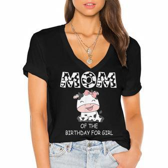 Mom Of The Birthday For Girl Cow Farm First Birthday Cow Women's Jersey Short Sleeve Deep V-Neck Tshirt - Seseable