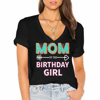 Mom Of The Birthday Girl Family Donut Party Birthday Women's Jersey Short Sleeve Deep V-Neck Tshirt - Seseable