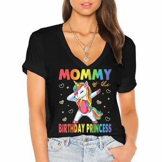 Mommy Of The Birthday Princess Girl Dabbing Unicorn Mom Women's Jersey Short Sleeve Deep V-Neck Tshirt - Seseable