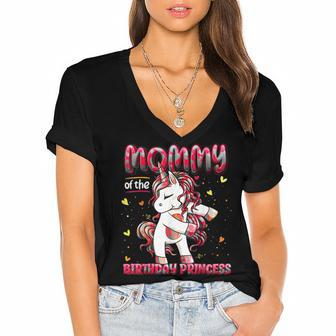 Mommy Of The Birthday Princess Girl Flossing Unicorn Mom Women's Jersey Short Sleeve Deep V-Neck Tshirt - Seseable