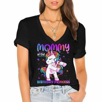 Mommy Of The Birthday Princess Girl Flossing Unicorn Mom Women's Jersey Short Sleeve Deep V-Neck Tshirt - Seseable