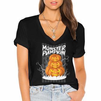 Monster Pumpkin Women's Jersey Short Sleeve Deep V-Neck Tshirt | Favorety