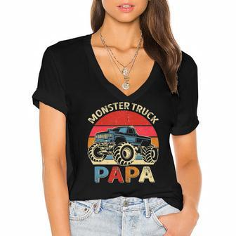 Monster Truck Papa Matching Family Birthday Party Women's Jersey Short Sleeve Deep V-Neck Tshirt | Mazezy