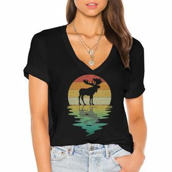 Moose Silhouette Sunset Retro Vintage 70S Nature Lover Women's Jersey Short Sleeve Deep V-Neck Tshirt | Mazezy
