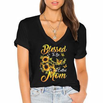 Mothers Day Blessed To Be Called Mom Sunflower Lovers Women's Jersey Short Sleeve Deep V-Neck Tshirt | Mazezy