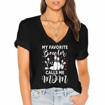 My Favorite Bowler Calls Me Mom Bowler Mama Bowling Women's Jersey Short Sleeve Deep V-Neck Tshirt | Mazezy