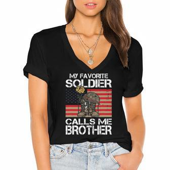 My Favorite Soldier Calls Me Brother Proud Army Bro Women's Jersey Short Sleeve Deep V-Neck Tshirt | Mazezy