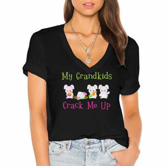 My Grandkids Crack Me Up Easter Bunny For Grandma Grandpa Women's Jersey Short Sleeve Deep V-Neck Tshirt | Mazezy