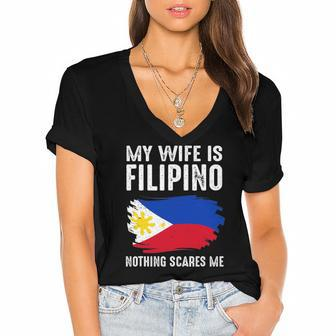 My Wife Is Filipino Nothing Scare Me Philippine Pride Flag Women's Jersey Short Sleeve Deep V-Neck Tshirt | Mazezy