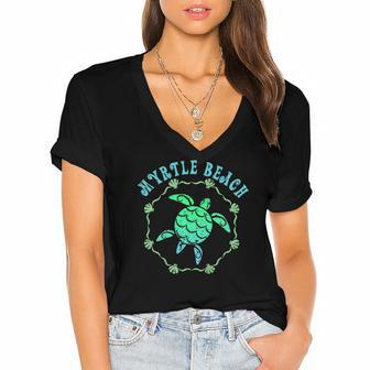 Myrtle Beach Retro Tribal Turtle Gift Women's Jersey Short Sleeve Deep V-Neck Tshirt | Mazezy
