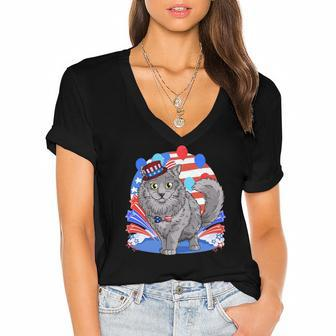 Nebelung Cat 4Th Of July Patriotic American Kitten Women's Jersey Short Sleeve Deep V-Neck Tshirt | Mazezy