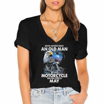 Never Underestimate An Old Man With A Motorcycle Born In May Women's Jersey Short Sleeve Deep V-Neck Tshirt | Mazezy