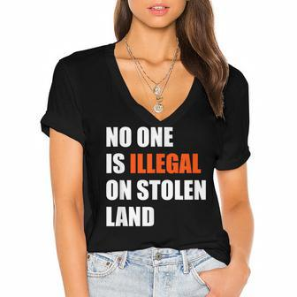 No One Is Illegal On Stolen Land July 4Th Patriotic Women's Jersey Short Sleeve Deep V-Neck Tshirt - Seseable