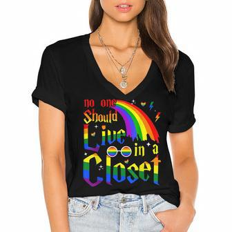 No One Should Live In A Closet Lgbt-Q Gay Pride Proud Ally Women's Jersey Short Sleeve Deep V-Neck Tshirt | Mazezy