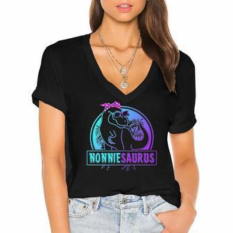Nonniesaurusrex Dinosaur Nonnie Saurus Family Matching Women's Jersey Short Sleeve Deep V-Neck Tshirt | Mazezy