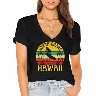 North Shore Beach Hawaii Surfing Surfer Ocean Vintage Women's Jersey Short Sleeve Deep V-Neck Tshirt | Mazezy