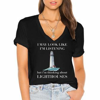Not Listening Thinking About Lighthouse Women's Jersey Short Sleeve Deep V-Neck Tshirt | Mazezy