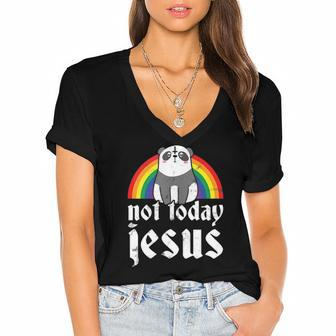 Not Today Jesus Rainbow Satanic Panda Goth Metal Concert Women's Jersey Short Sleeve Deep V-Neck Tshirt | Mazezy