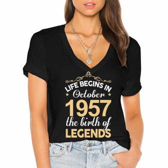 October 1957 Birthday Life Begins In October 1957 V2 Women's Jersey Short Sleeve Deep V-Neck Tshirt - Seseable
