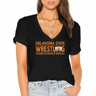 Oklahoma State Wrestling Compete Defeat Repeat Women's Jersey Short Sleeve Deep V-Neck Tshirt | Mazezy
