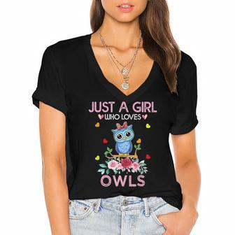 Owl Tee For Women Girls Kids Gift Just A Girl Who Loves Owls Women's Jersey Short Sleeve Deep V-Neck Tshirt | Mazezy