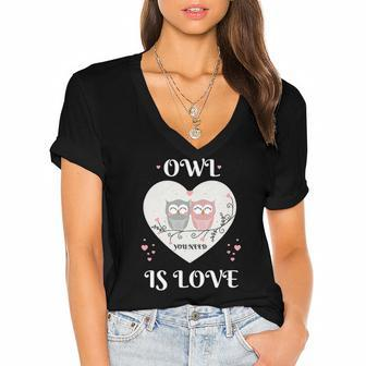 Owl You Need Is Love Cute Heart Womens Valentines Day Gift Women's Jersey Short Sleeve Deep V-Neck Tshirt | Mazezy